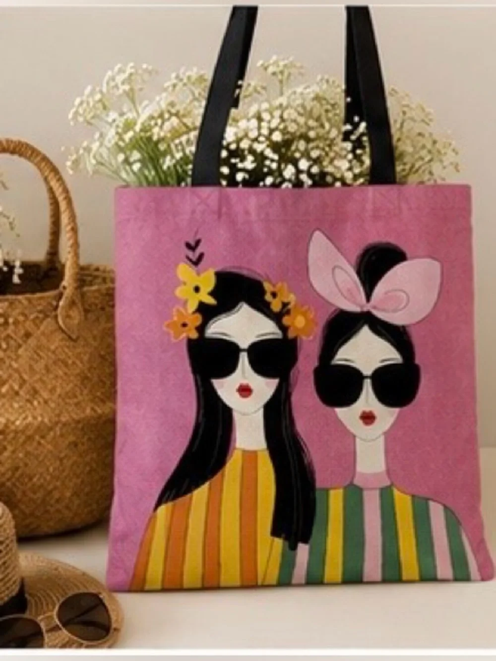 Pink Illustrated Women’s Canvas Tote Bag with Black Handles 💗😎